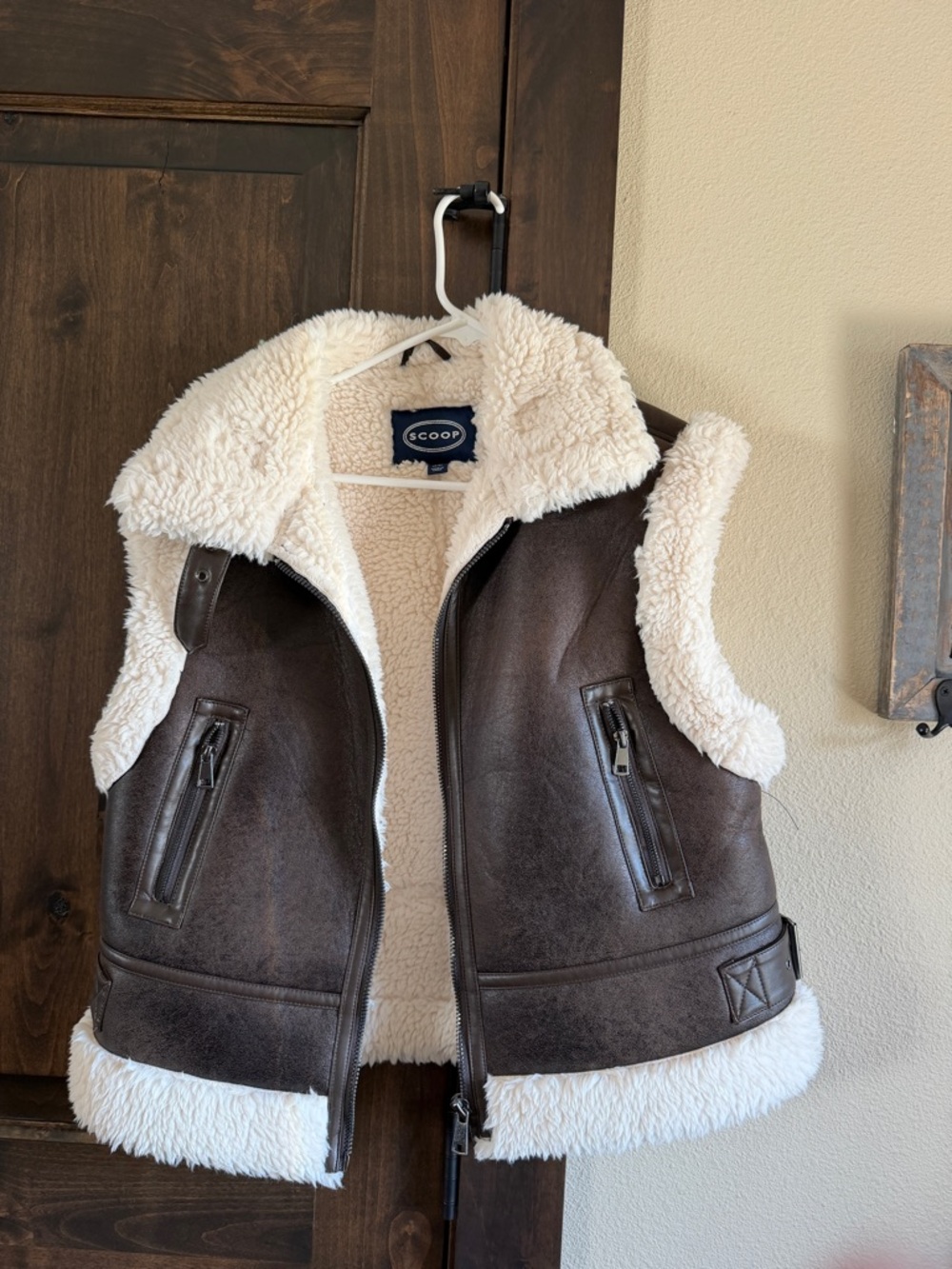 SCOOP Women's Brown Faux Leather Sherpa Vest with Cream Lining